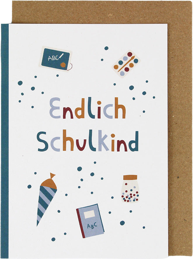 Ava & Yves - Klappkarte zur Einschulung "Malkasten - Endlich Schulkind" | türkis