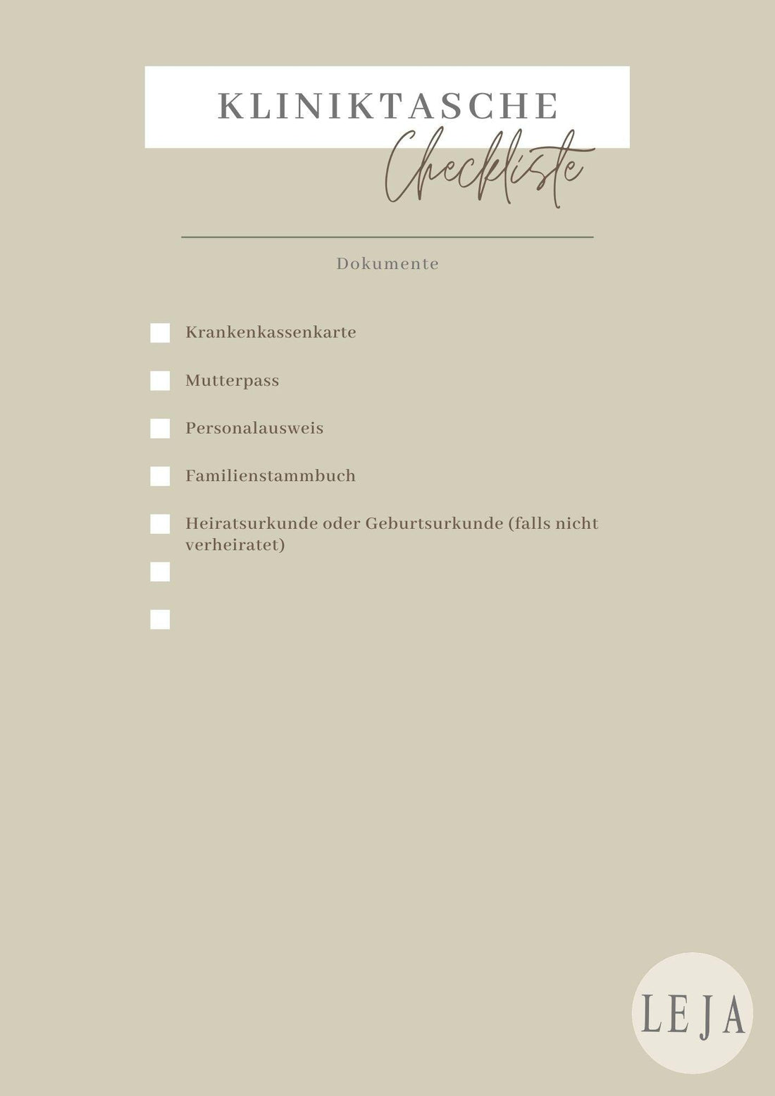 Kliniktasche packen - Checkliste - Leja Concept Store