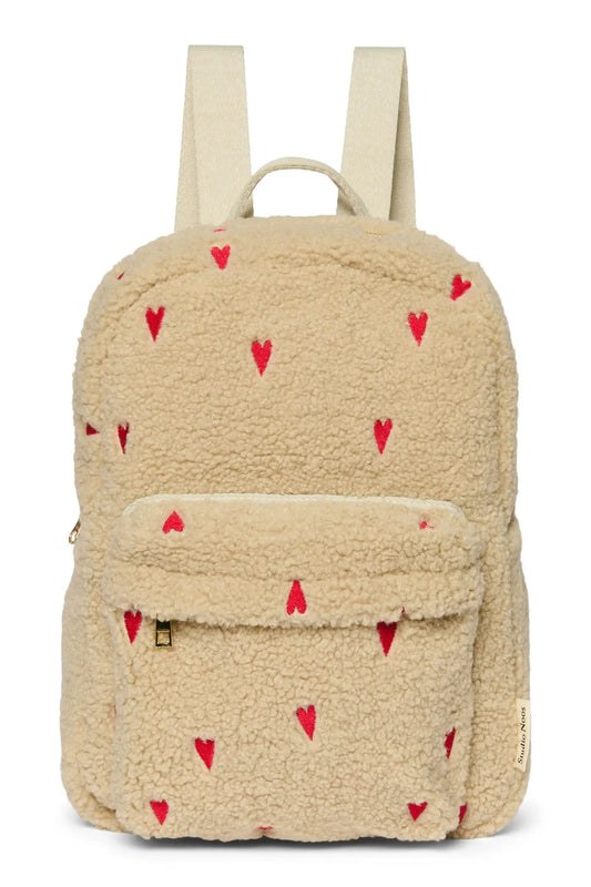 Studio Noos - Kinderrucksack Midi "Ecru Teddy Hearts MIDI Backpack with Front Pocket" | ecru teddy hearts Studio Noos